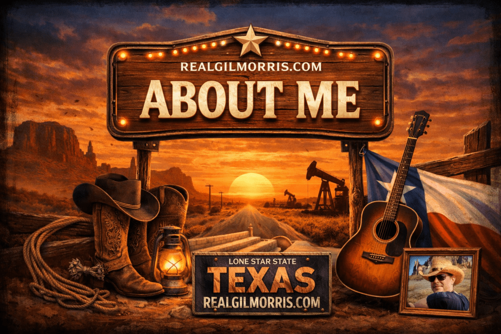 Customized web graphic for the About page at realgilmorris.com featuring a Texas-inspired cinematic theme.
