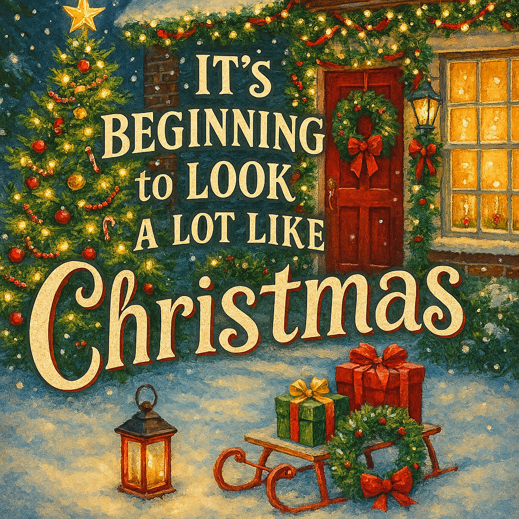 Customized Christmas vintage backdrop digital art with the lyrics "It's beginning to look a lot like Christmas" prominently displayed.