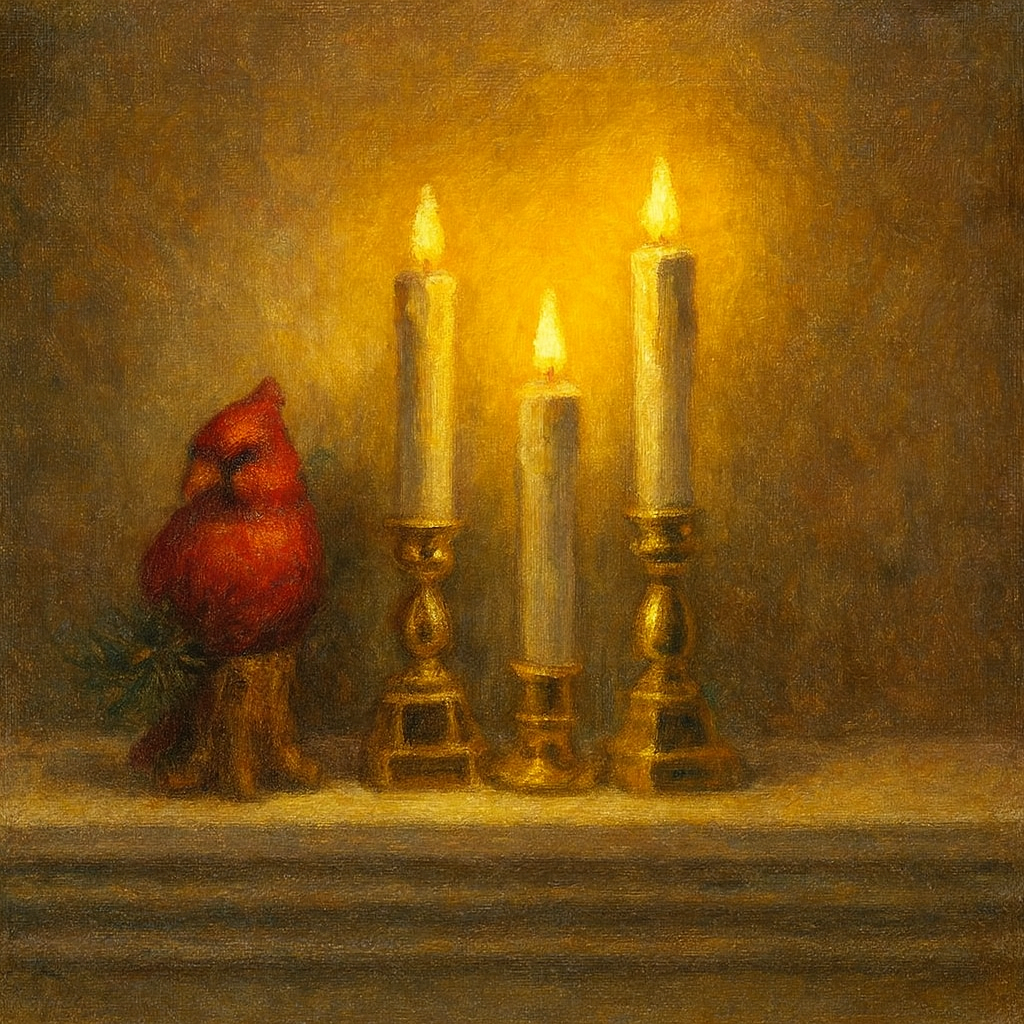 Photo of a cardinal beside three candles in a custom vintage scene.