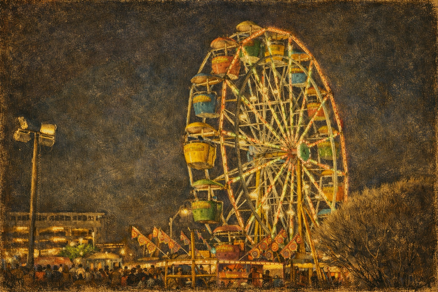 Photo of a Ferris wheel in a custom vintage scene.
