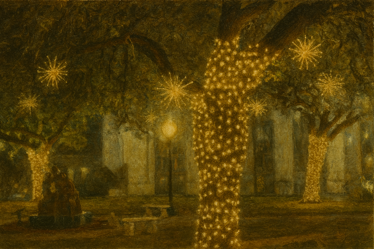 Photo of a lights decorating trees in a custom vintage scene.