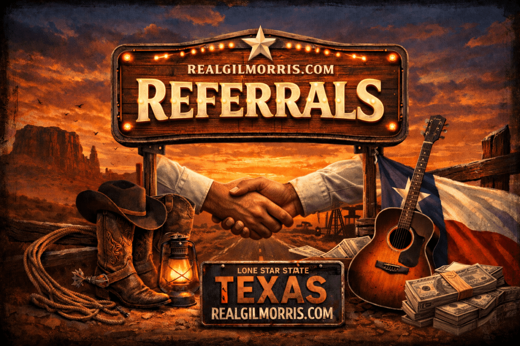 Customized web graphic for the Referrals page at realgilmorris.com featuring a Texas-inspired cinematic theme.