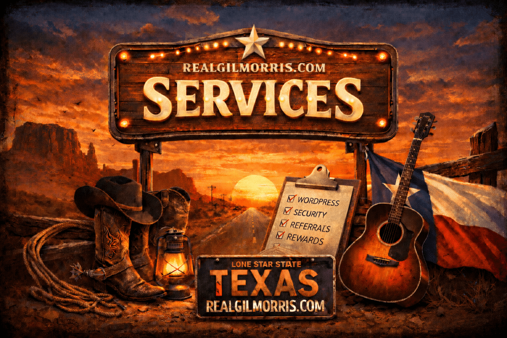 Customized web graphic for the Services page at realgilmorris.com featuring a Texas-inspired cinematic theme.