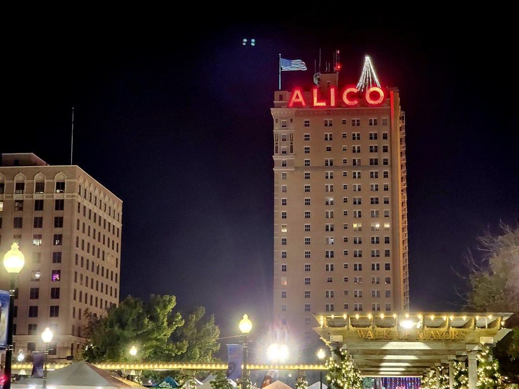 Photo of the Alico building decorated for Christmas in downtown Waco, TX.