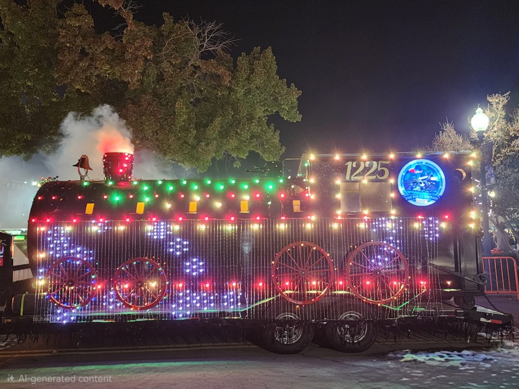 A photo of a locomotive decorated for Christmas at Waco Wonderland in Waco, TX.